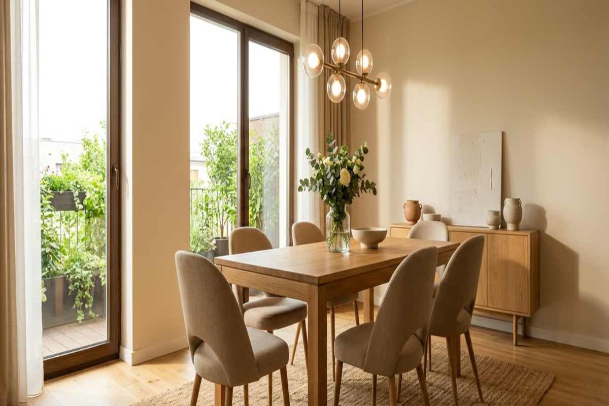 Sufragerie luminoasă cu masă din lemn, scaune tapițate, lustră modernă cu globuri și comodă din lemn în fața unei ferestre mari.