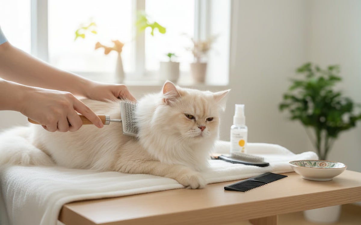 O pisică este periată cu o perie și un pieptene pe o masă