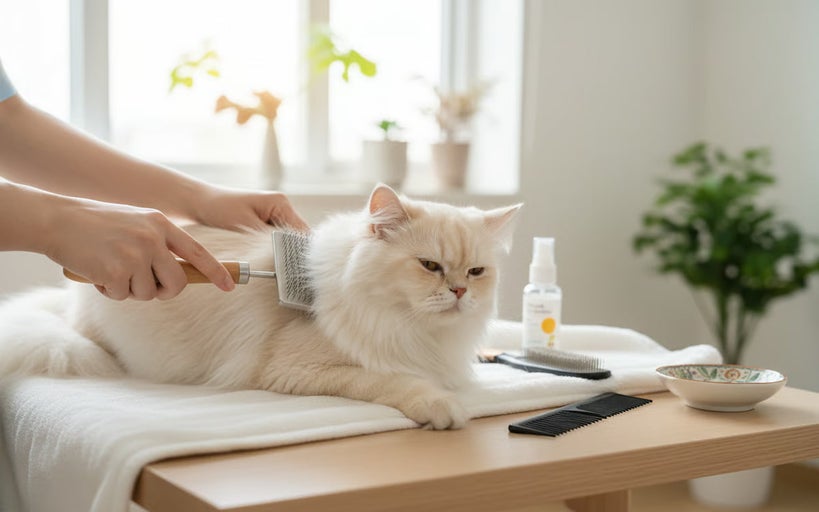 O pisică este periată cu o perie și un pieptene pe o masă