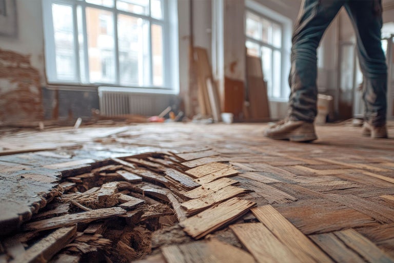 O persoana sta pe o pardoseala din parchet din lemn masiv, care este scos pentru a fi schimbat