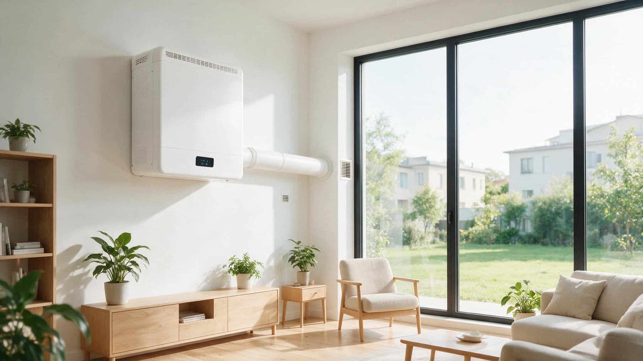 Unitate de ventilație montată pe perete într-un living modern cu ferestre mari și mobilier din lemn deschis la culoare.