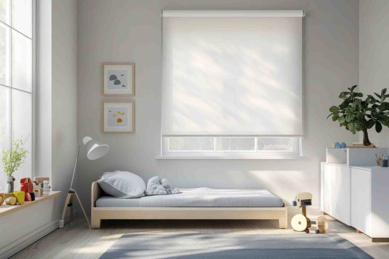 Cameră de copii luminoasă, cu un rulou alb la fereastră, un pat din lemn, o lampă de podea și un dulap alb.