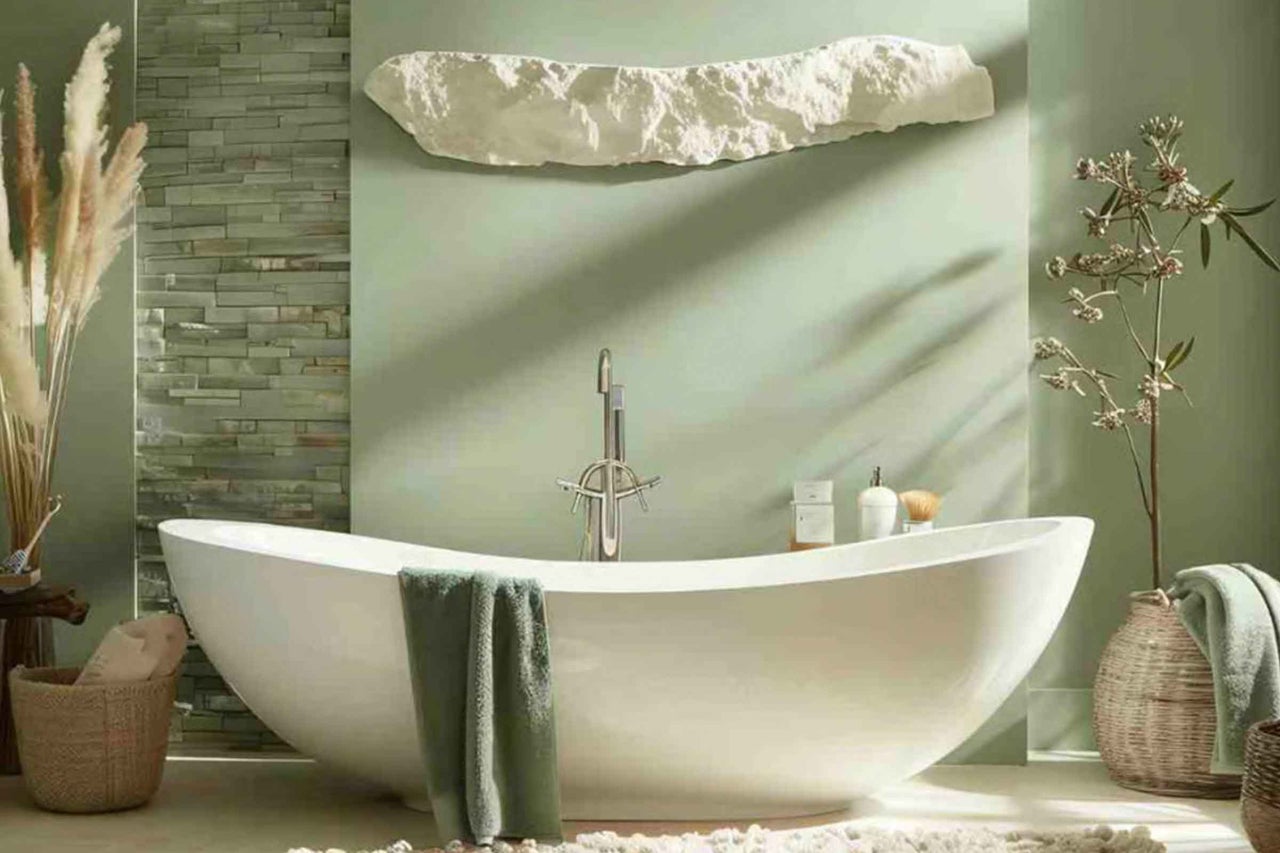Cadă albă de sine stătătoare cu baterie stativă în fața unui perete verde cu placaj din piatră naturală și decorațiune de perete texturată.