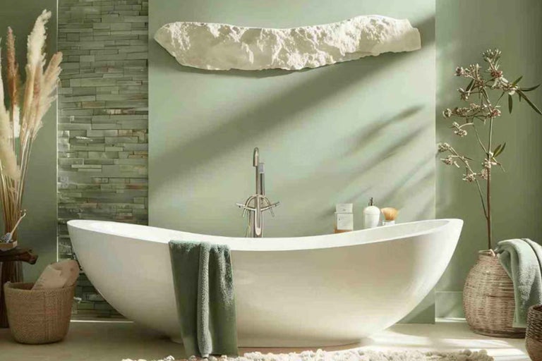 Cadă albă de sine stătătoare cu baterie stativă în fața unui perete verde cu placaj din piatră naturală și decorațiune de perete texturată.