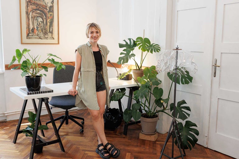 Birou luminos, organizat, cu birou, scaun de birou și plante de interior