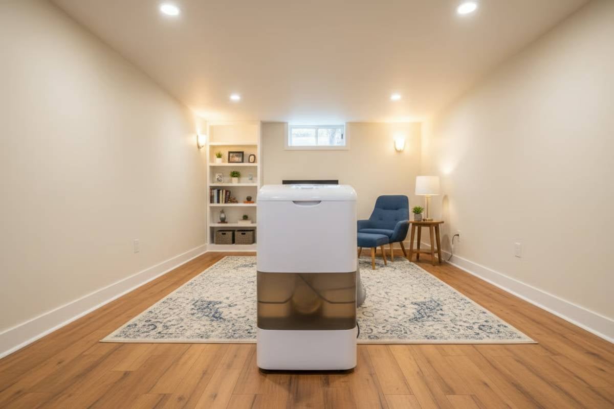 Umidificator într-un living cu fotoliu și bibliotecă