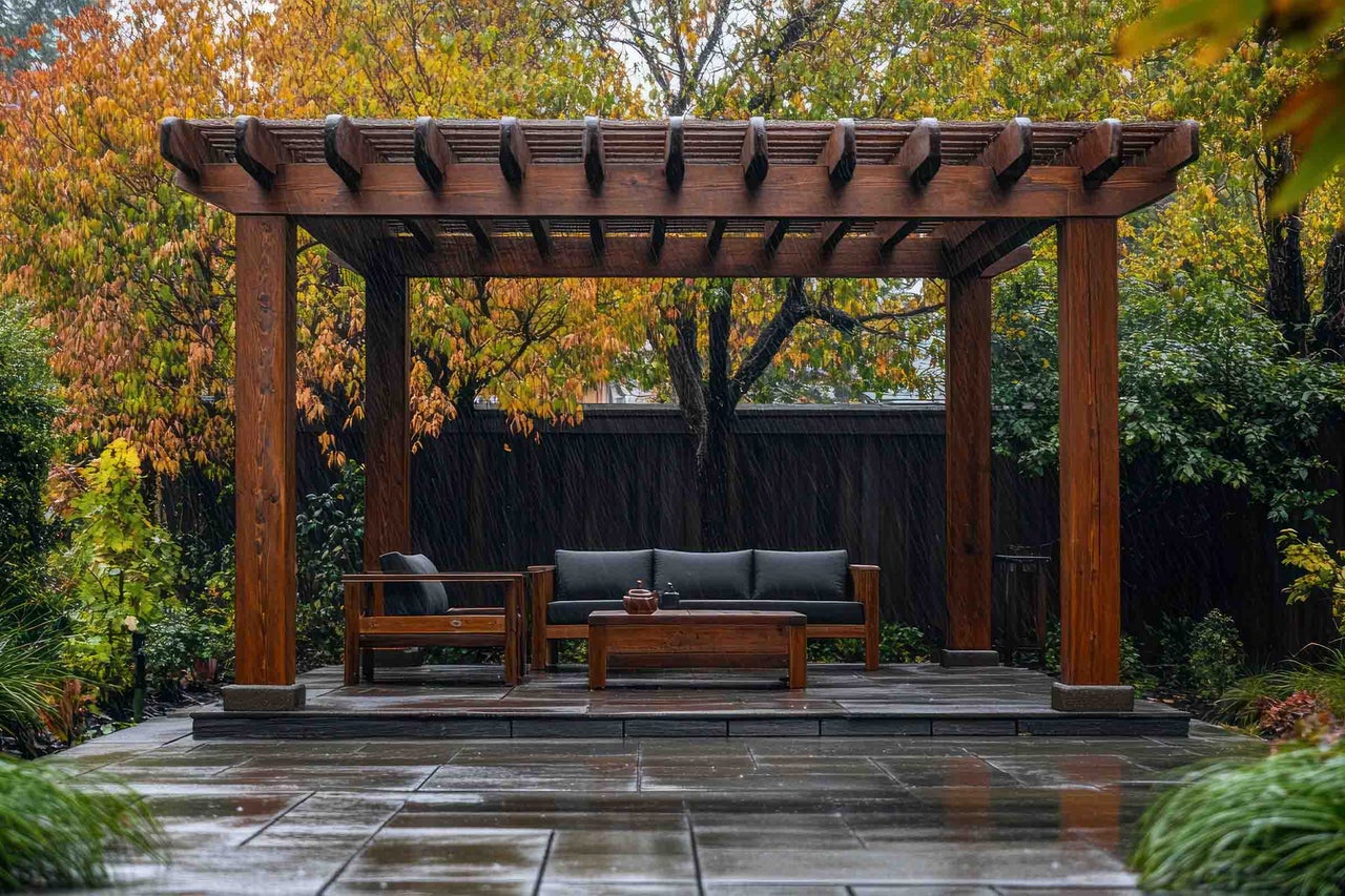 Pergolă din lemn de sine stătătoare cu set de mobilier de grădină din lemn închis pe o terasă în grădină, toamna, pe timp de ploaie.
