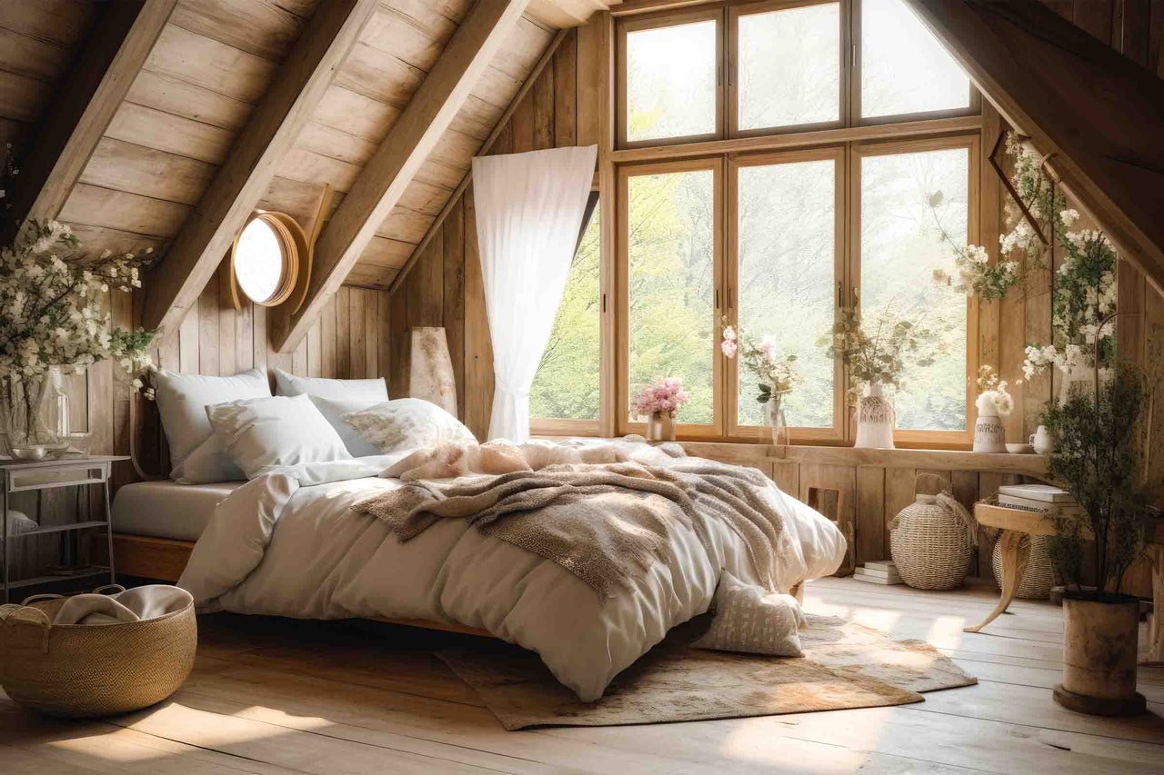 Dormitor luminos la mansardă cu pereți din lemn, fereastră mare, lenjerie și decorațiuni din materiale naturale precum răchită și lemn.