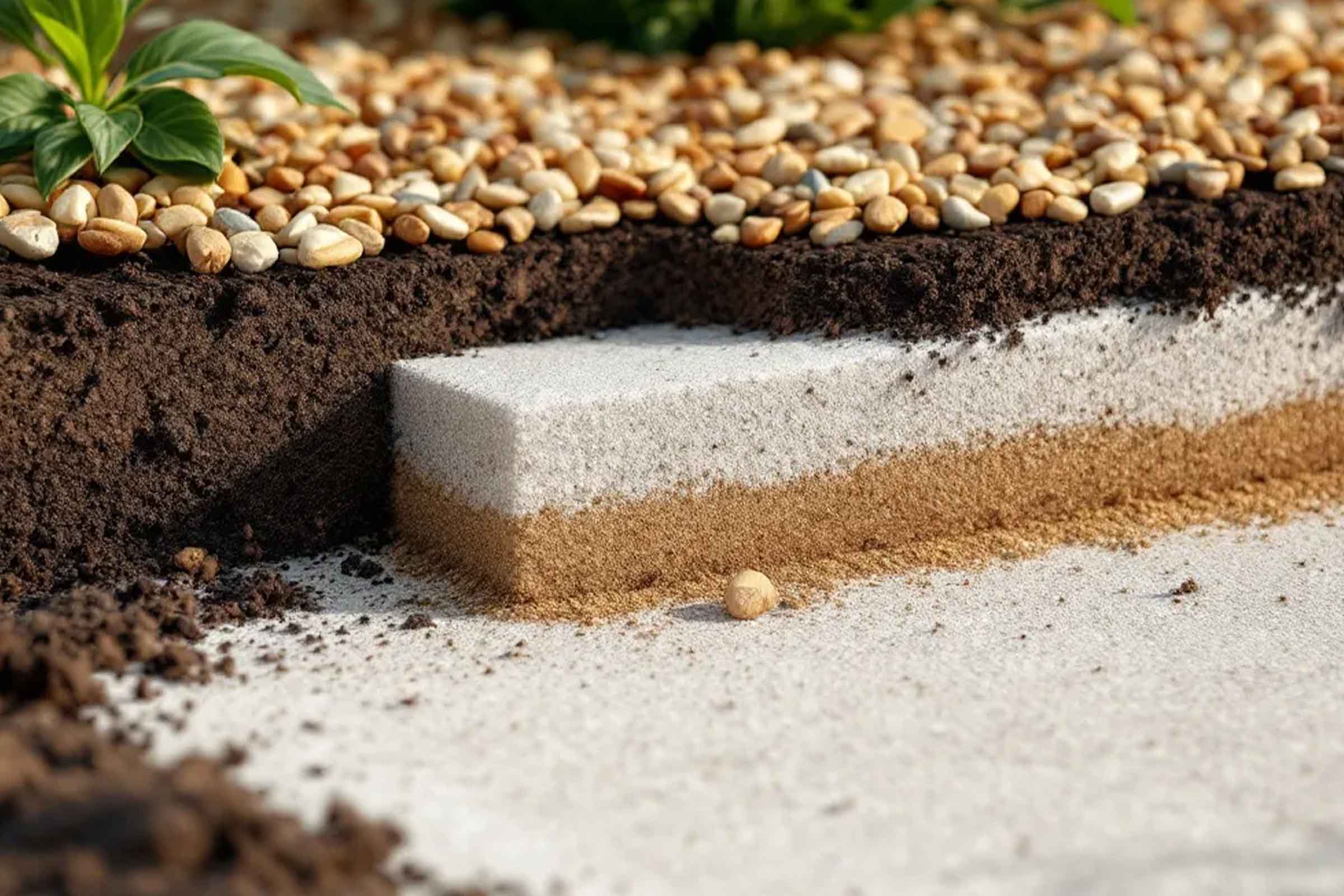 Secțiune transversală printr-un sol cu pietre, pământ, nisip și material geotextil pentru grădină