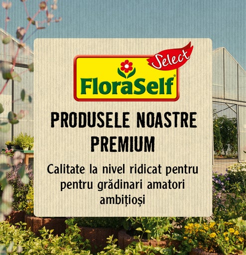 Logo FloraSelf cu textul Produsele noastre premium pentru grădinari amatori ambițioși