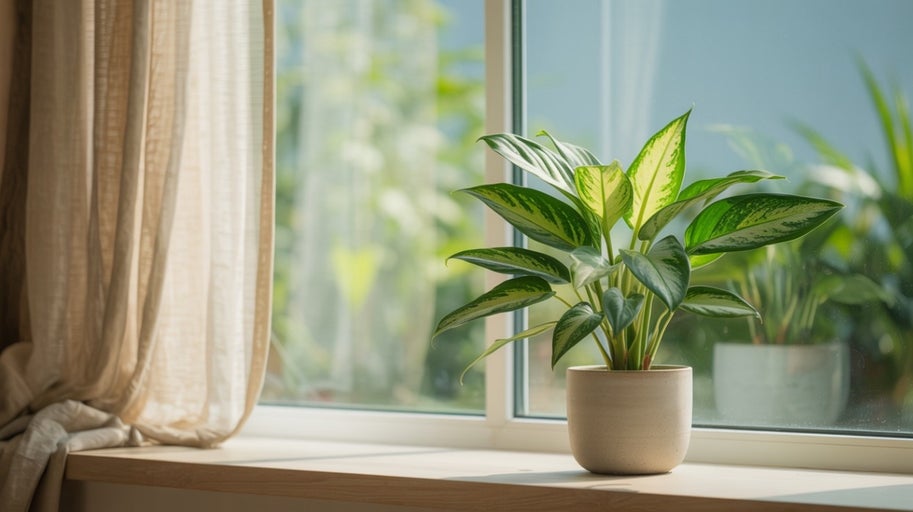 Plantă de interior într-un ghiveci pe un pervaz lângă o cortină.