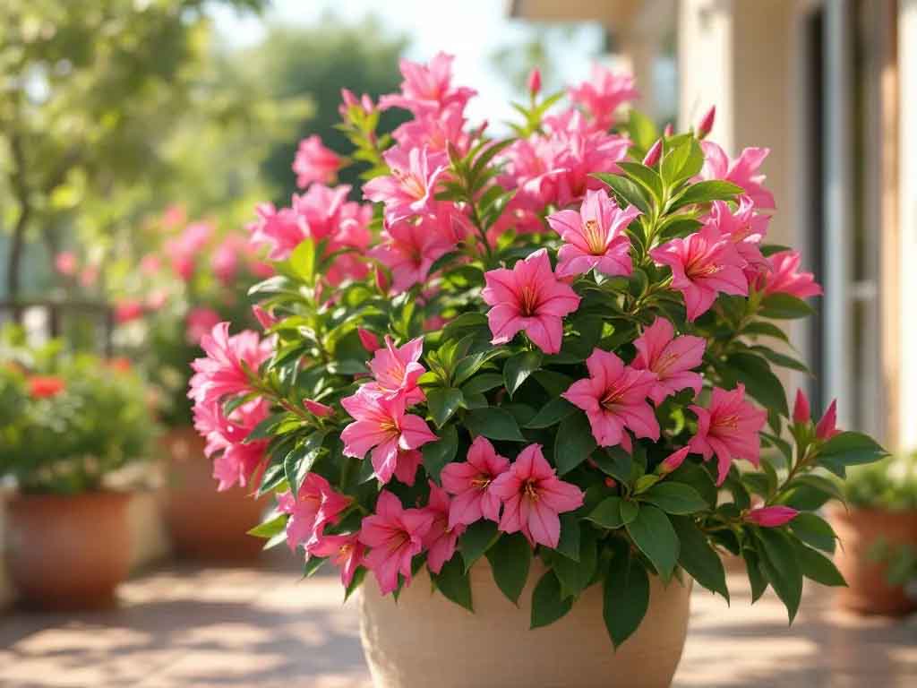 Ghiveci cu flori roz pentru exterior