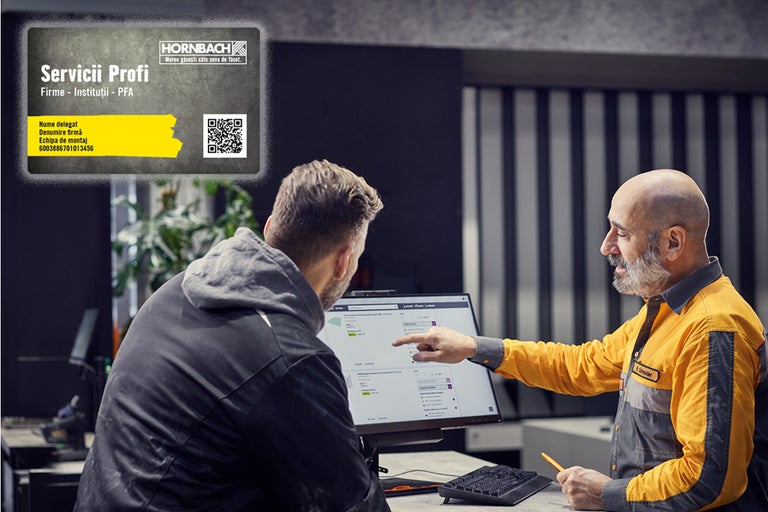 Cardul Hornbach Servicii Profesionale în acțiune cu doi meseriași la un computer