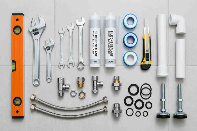 Unelte pentru instalații sanitare și accesorii de montaj inclusiv nivelă, chei, silicon, bandă de etanșare, cutter, țevi și fitinguri.