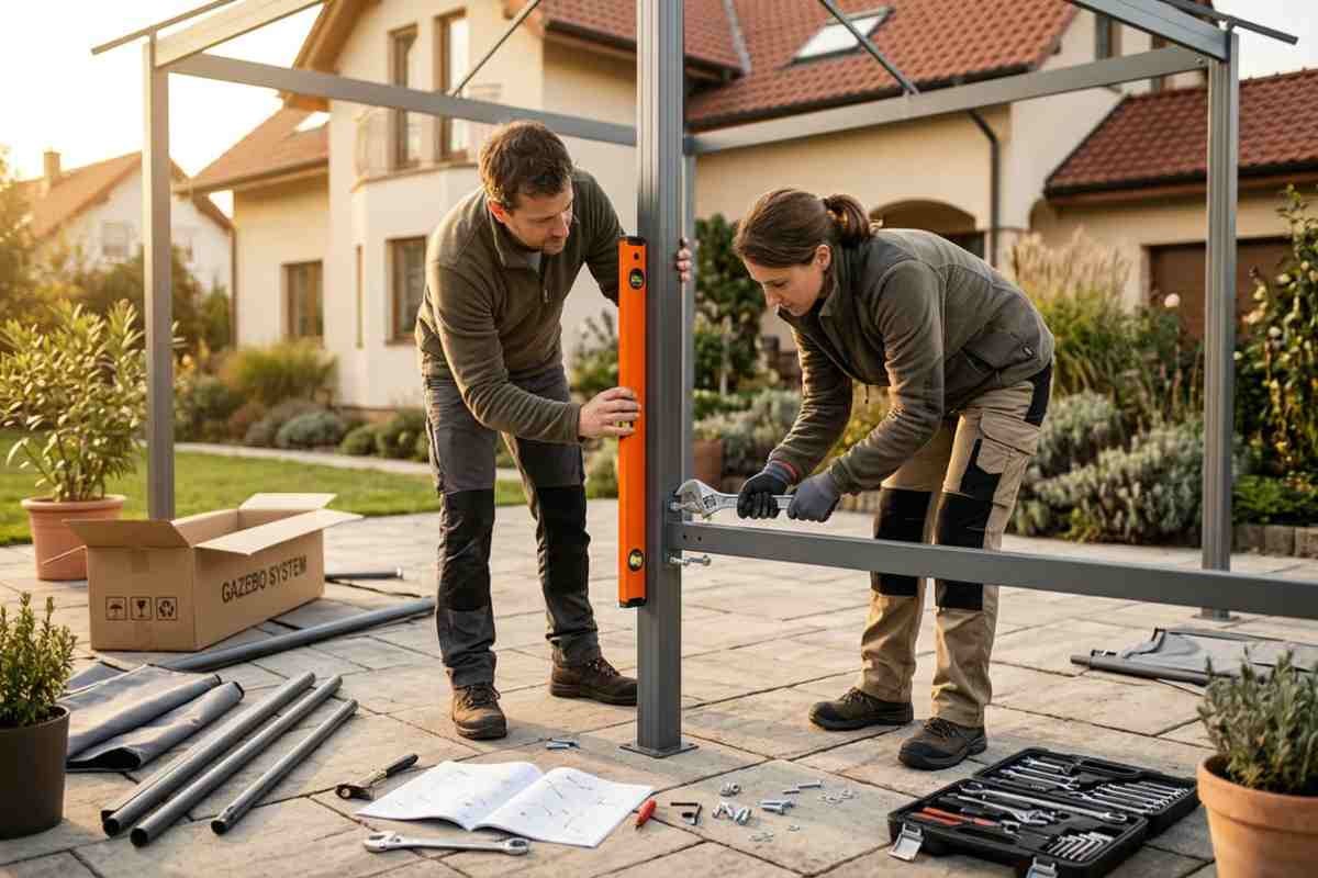 Două persoane asamblează cadrul metalic al unui pavilion în grădină folosind o nivelă cu bulă și o cheie reglabilă.