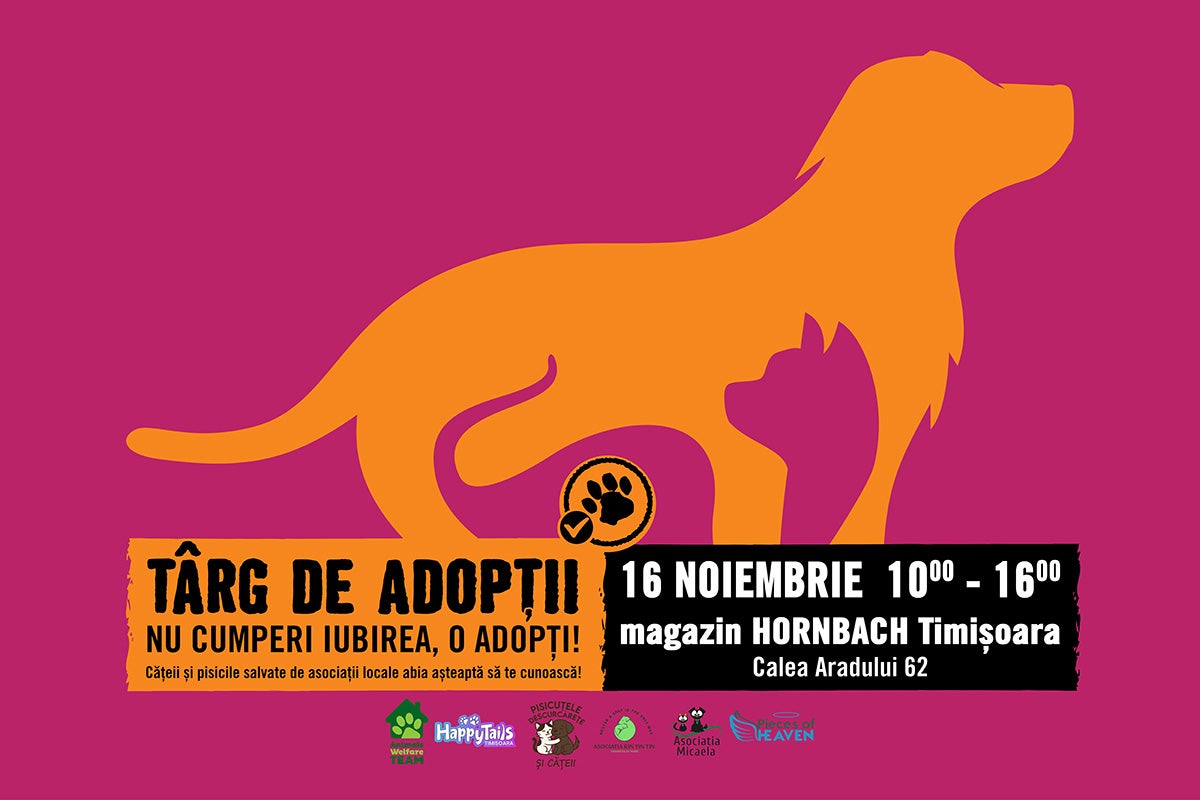 Anunț pentru un eveniment de adopție a animalelor în magazinul Hornbach
