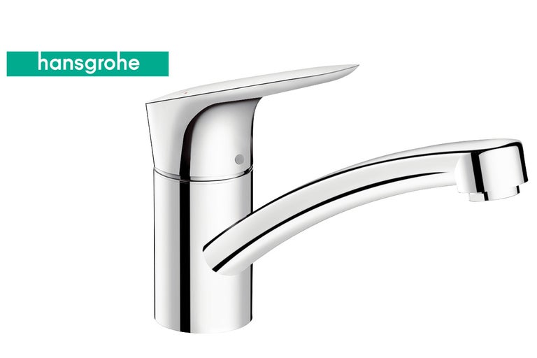 Siglă Hansgrohe. Baterie de bucătărie din metal cromat.