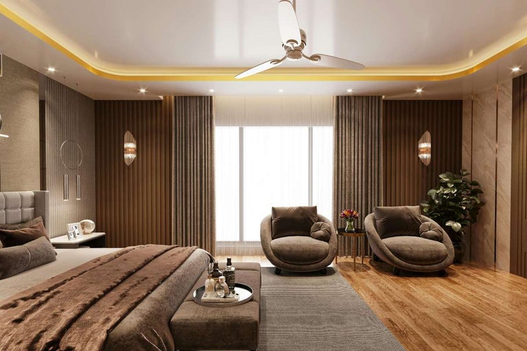 Dormitor cu pat, fotolii, ventilator de tavan și perdele