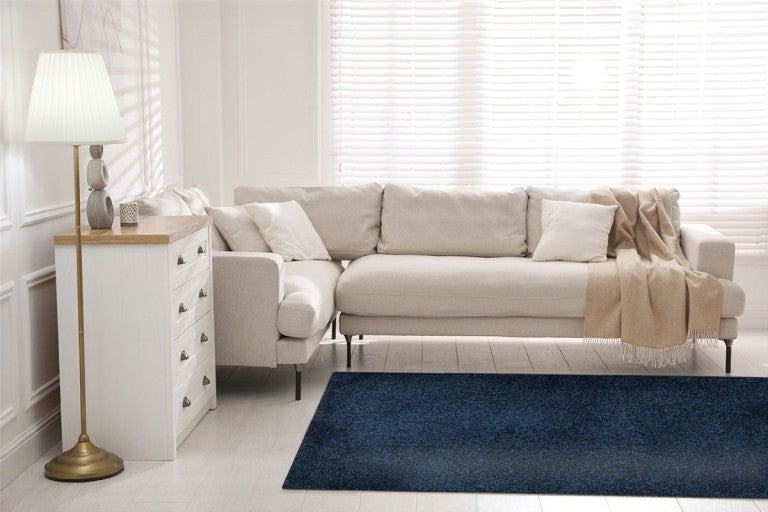 Living cu canapea, comodă, lampadar și covor albastru