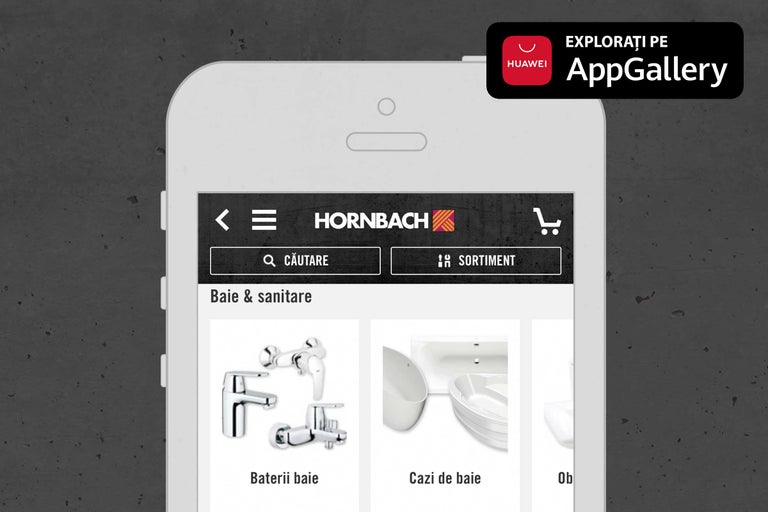 Aplicația Hornbach pe un smartphone cu produse pentru baie și instalații sanitare