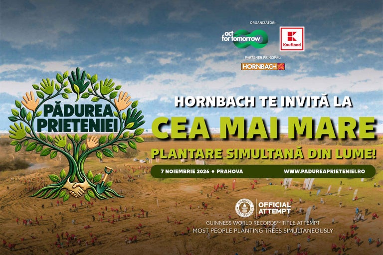 Afiș pentru acțiunea de plantare de arbori din Prahova cu logo-urile Hornbach, Kaufland, Act for Tomorrow și sigiliul Guinness World Records.