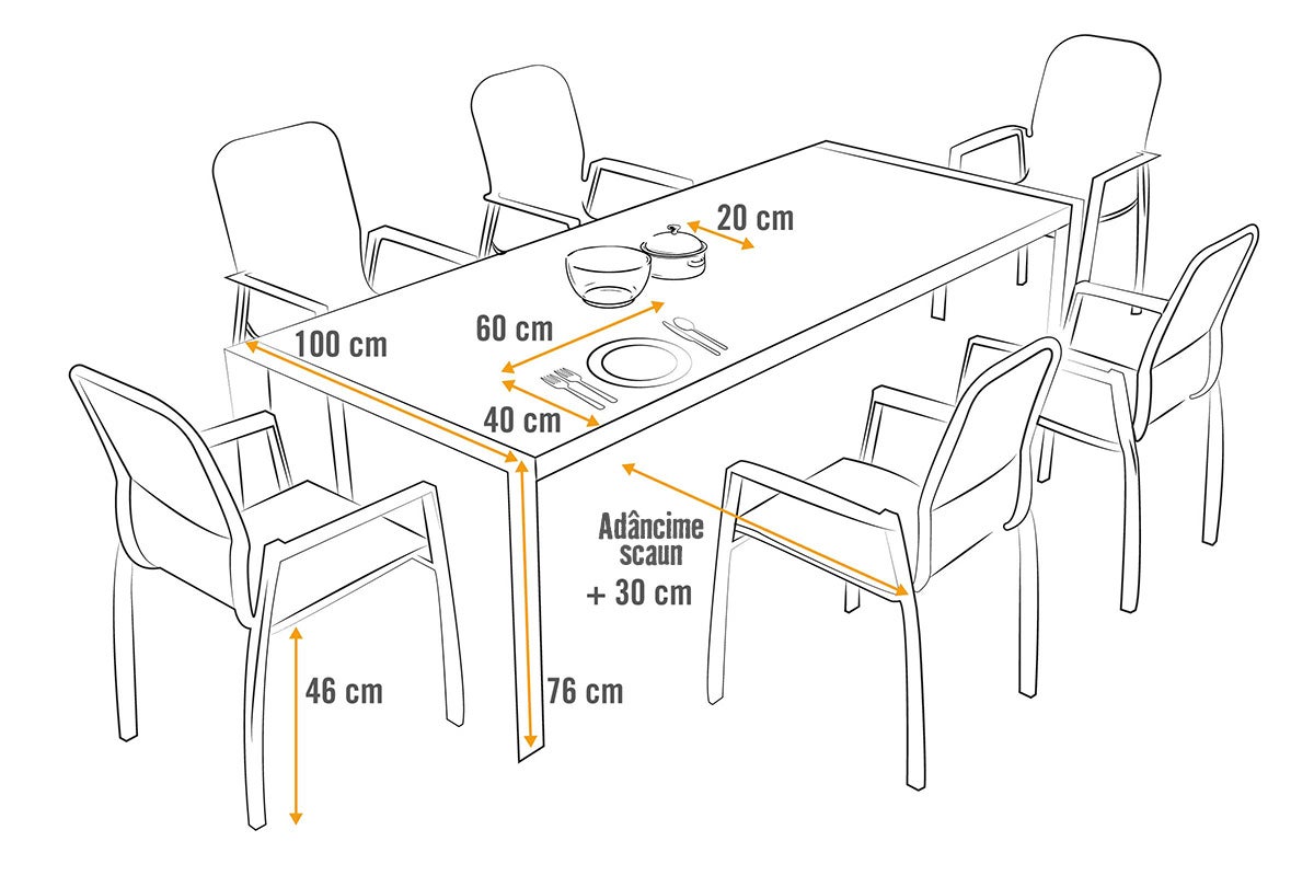 Ilustrație cu o masă de grădină cu șase scaune și dimensiuni
