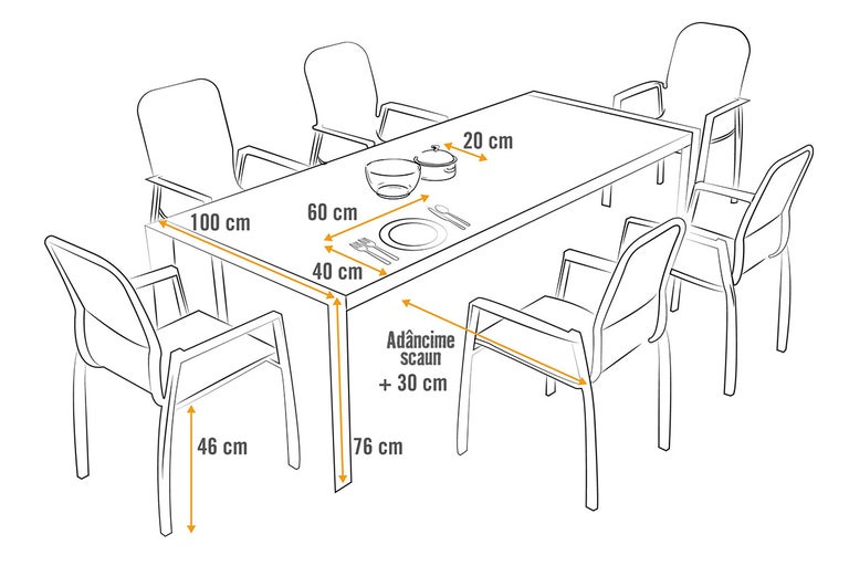 Ilustrație cu o masă de grădină cu șase scaune și dimensiuni