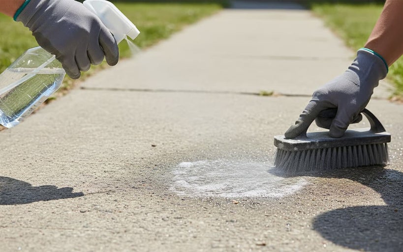 Curățarea unei suprafețe de beton cu un pulverizator și o perie.