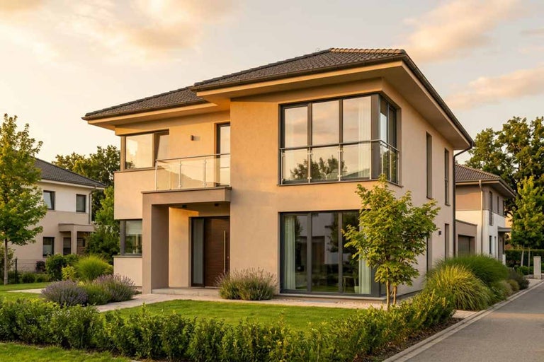 Casă modernă cu două etaje, acoperiș în patru ape, ferestre mari din sticlă și balcon cu balustradă din sticlă. Grădină cu gazon și arbuști.