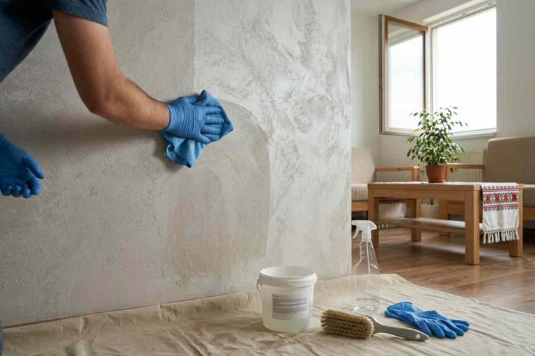 O persoană prelucrează un perete texturat gri deschis cu o cârpă. Unelte precum o găleată și o pensulă sunt pe o folie în sufragerie.