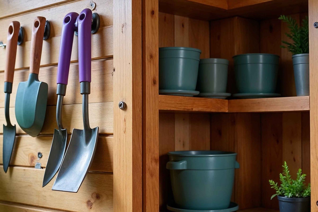 Unelte de grădinărit și ghivece de flori într-un dulap de lemn