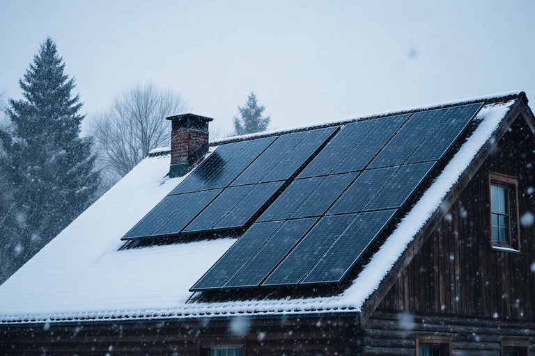 Panouri solare pe acoperișul unei case iarna