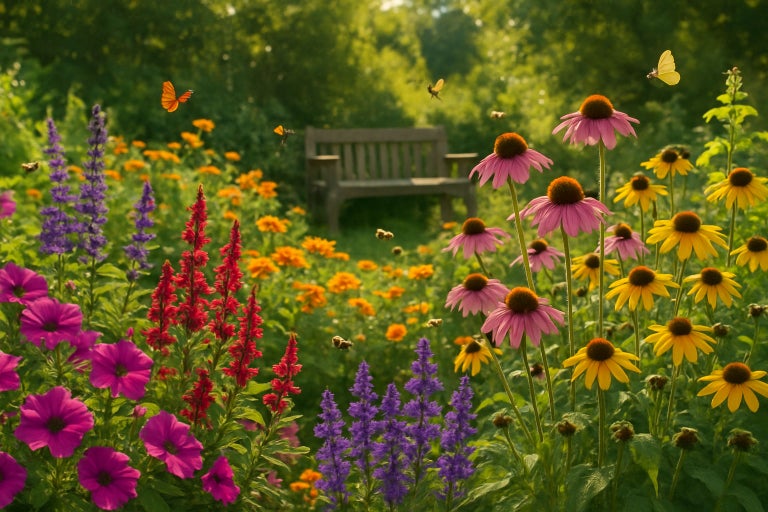 Pajiște cu flori cu bancă de grădină și fluturi zburători