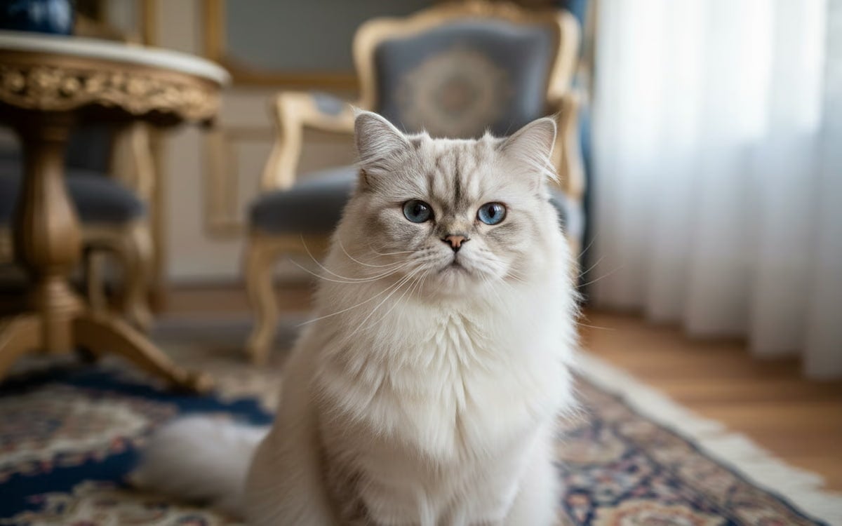 Portretul unei pisici albe cu ochi albaștri pe un covor decorat