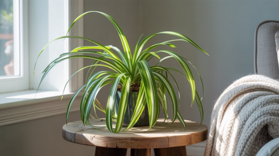 Plantă verde într-un ghiveci pe o masă de lemn lângă o fereastră