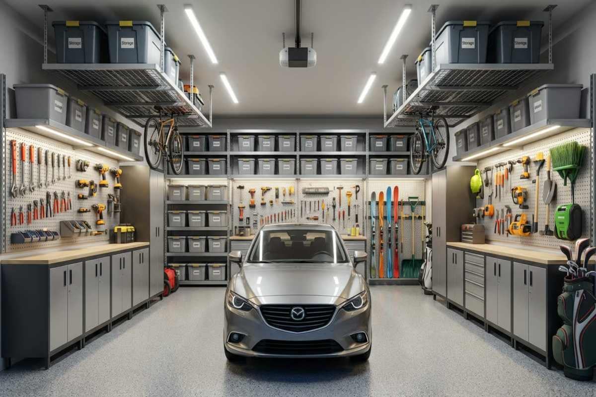 Garaj organizat cu rafturi, scule și mașină