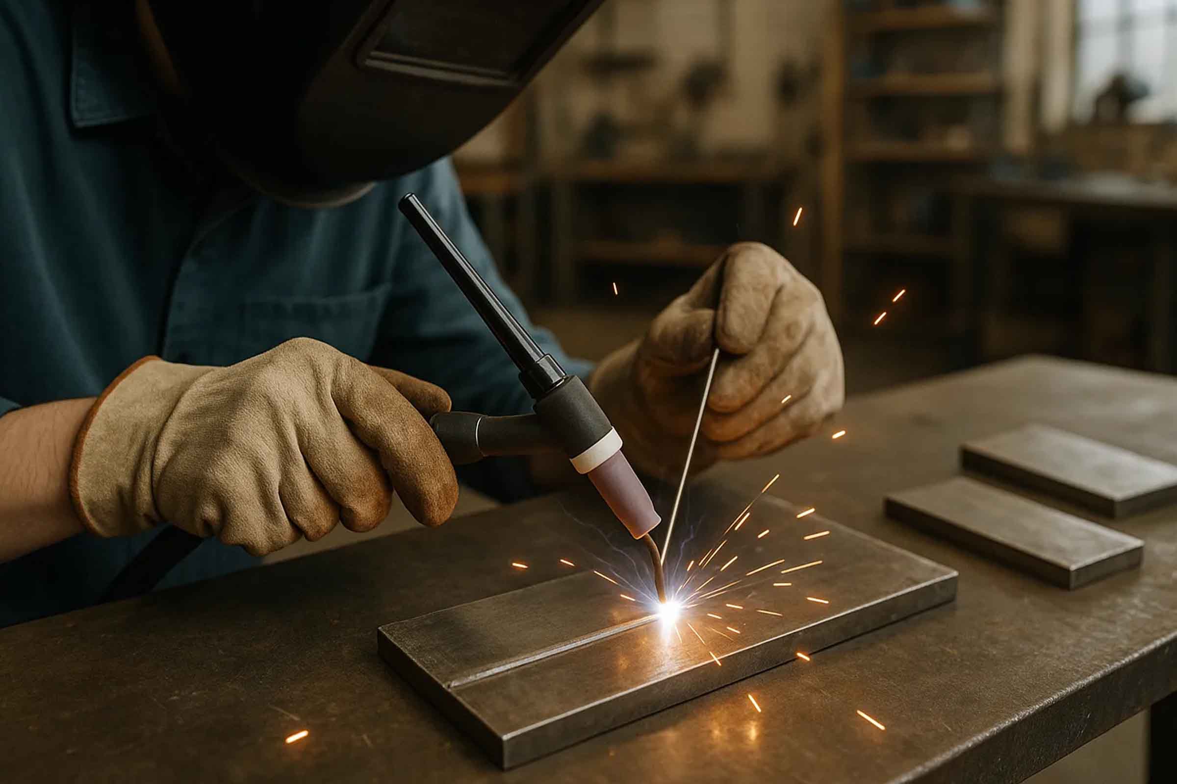 Sudor cu echipament de protecție care sudează metal