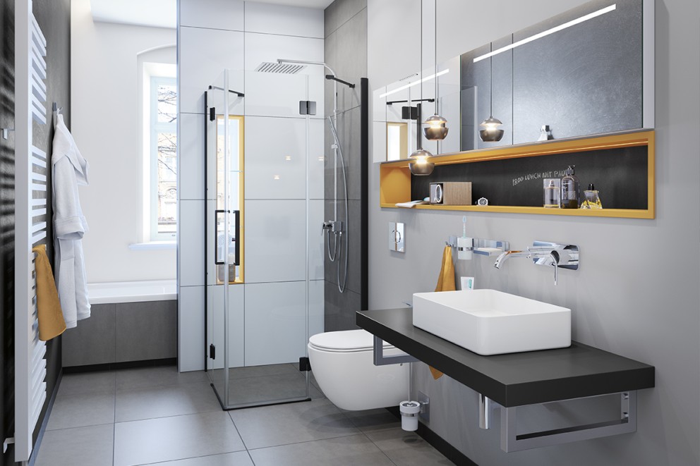 Baie cu duș, chiuvetă, toaletă și mobilier de baie în design modern.
