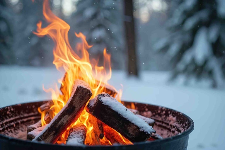 Bușteni aprinși într-un bol pentru foc într-un cadru exterior înzăpezit.