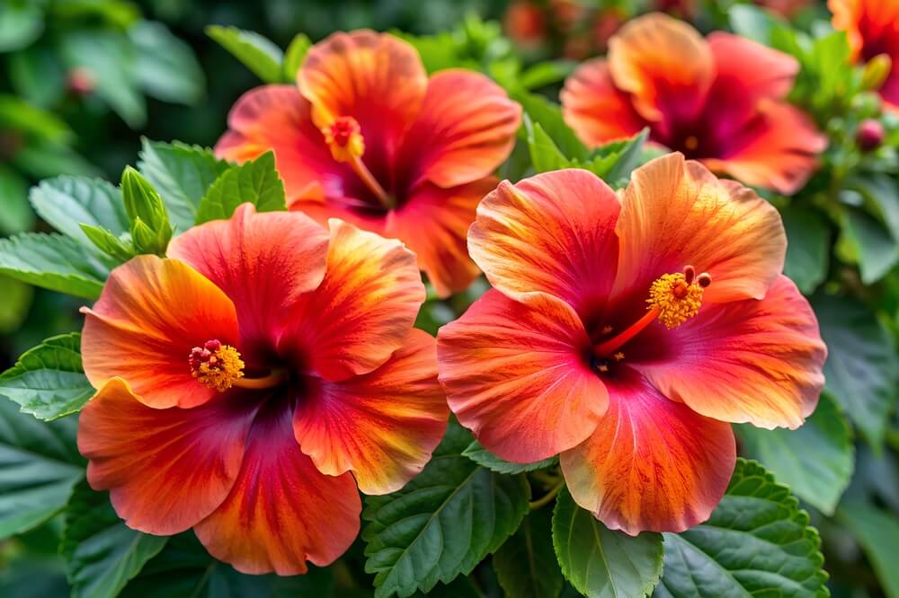 Prim-plan cu flori de hibiscus cu frunze verzi