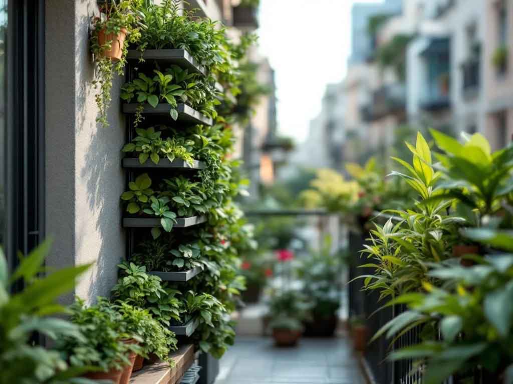 Grădină verticală cu plante pe un perete de casă pe un balcon.