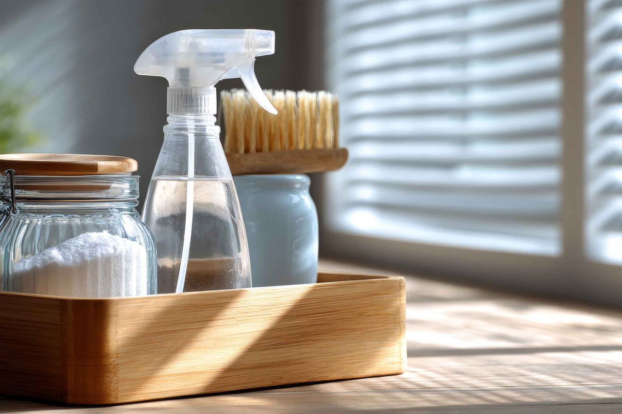 Produse de curățare într-o tavă de lemn cu un borcan de sticlă cu pulbere albă, un spray și o perie de lemn într-o cameră luminoasă.