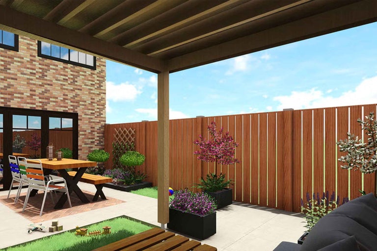 Terasă modernă cu pergolă din lemn, gard din lamele verticale, mobilier de grădină din lemn și jardiniere pe o suprafață pavată.