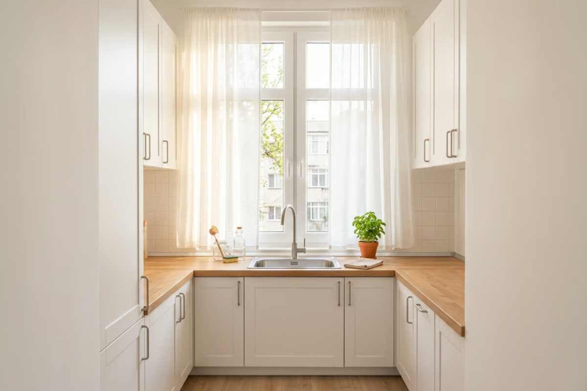 Bucătărie luminoasă în formă de U cu dulapuri albe, blaturi din lemn, chiuvetă din inox la fereastră și perdele albe.