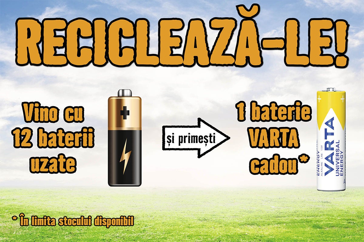 Promoție pentru reciclarea bateriilor: aduceți 12 baterii uzate și primiți o baterie Varta cadou, în limita stocului disponibil.