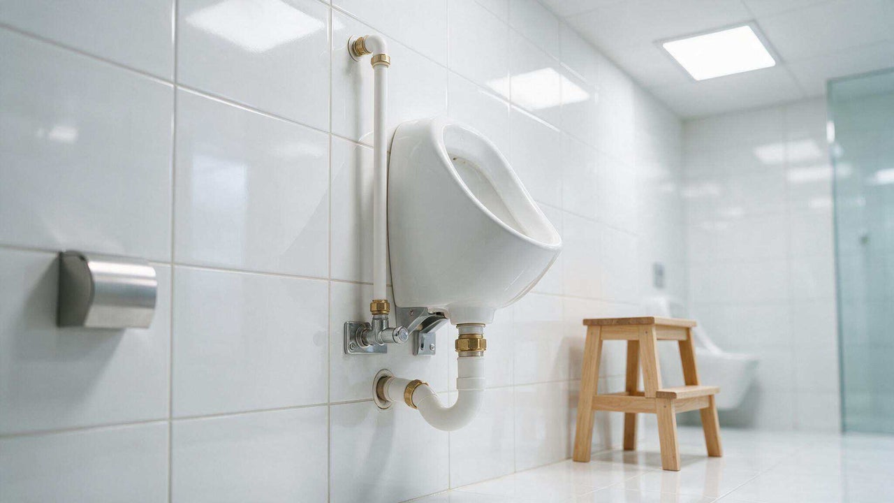 Pisoar montat pe perete cu set de instalare vizibil pe un perete placat cu gresie albă într-o baie modernă.