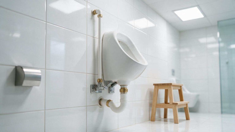 Pisoar montat pe perete cu set de instalare vizibil pe un perete placat cu gresie albă într-o baie modernă.