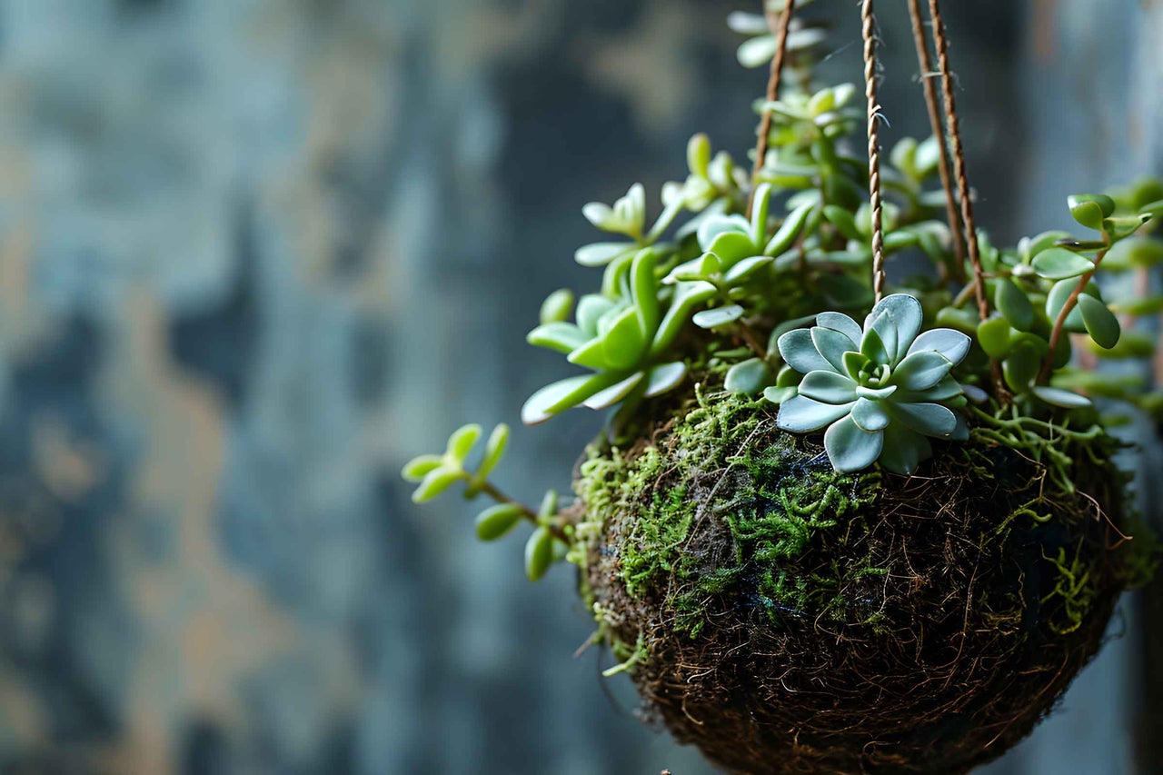 Kokedama bilă de mușchi cu plante suculente, plantă de interior suspendată.