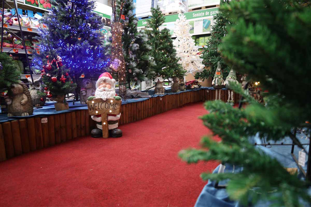 Decoratiuni de Craciun cu brazi de Craciun si o figurina de bun venit in magazinul Hornbach