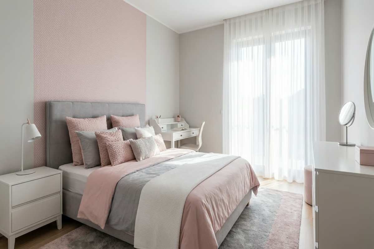 Dormitor luminos cu pat, noptieră, birou și perdele